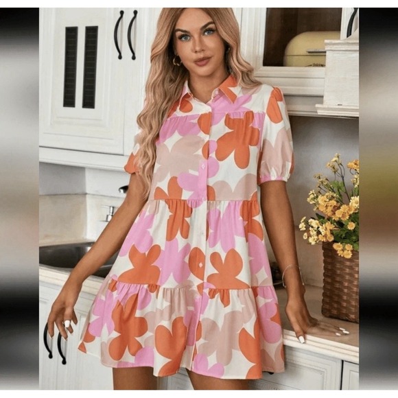 None Dresses & Skirts - Orange and Pink Daisy Button Flowy Dress Women's Medium